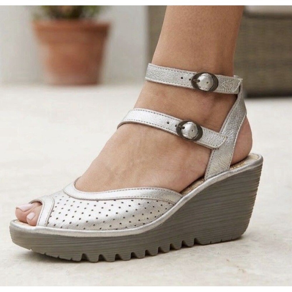 Fly London Yaxi Suede Perf Wedge Sandals Womens Sz 37 US 6.5 Ankle Strap Silver